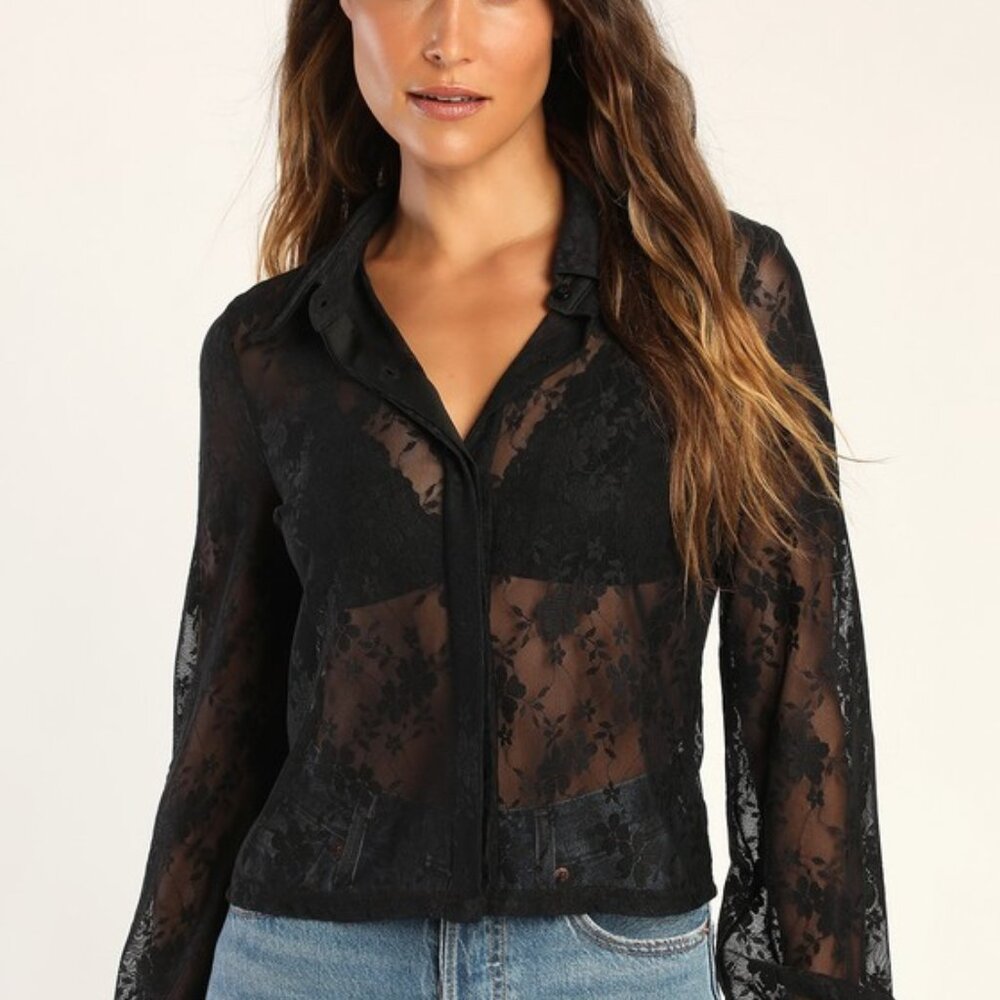 Lulus Perfectly Sheer Black Lace Sheer Button-up Long Sleeve Top - Size M